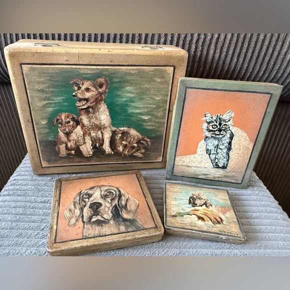 Antique Handpainted Signed Meyer Dog Cat Tin Boxes Jewelry Trinket Lot Of 4